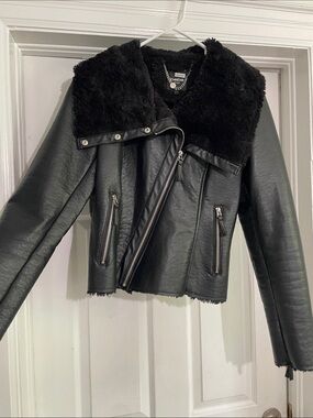 bebe Black Faux Leather Moto Jacket with Plush Collar